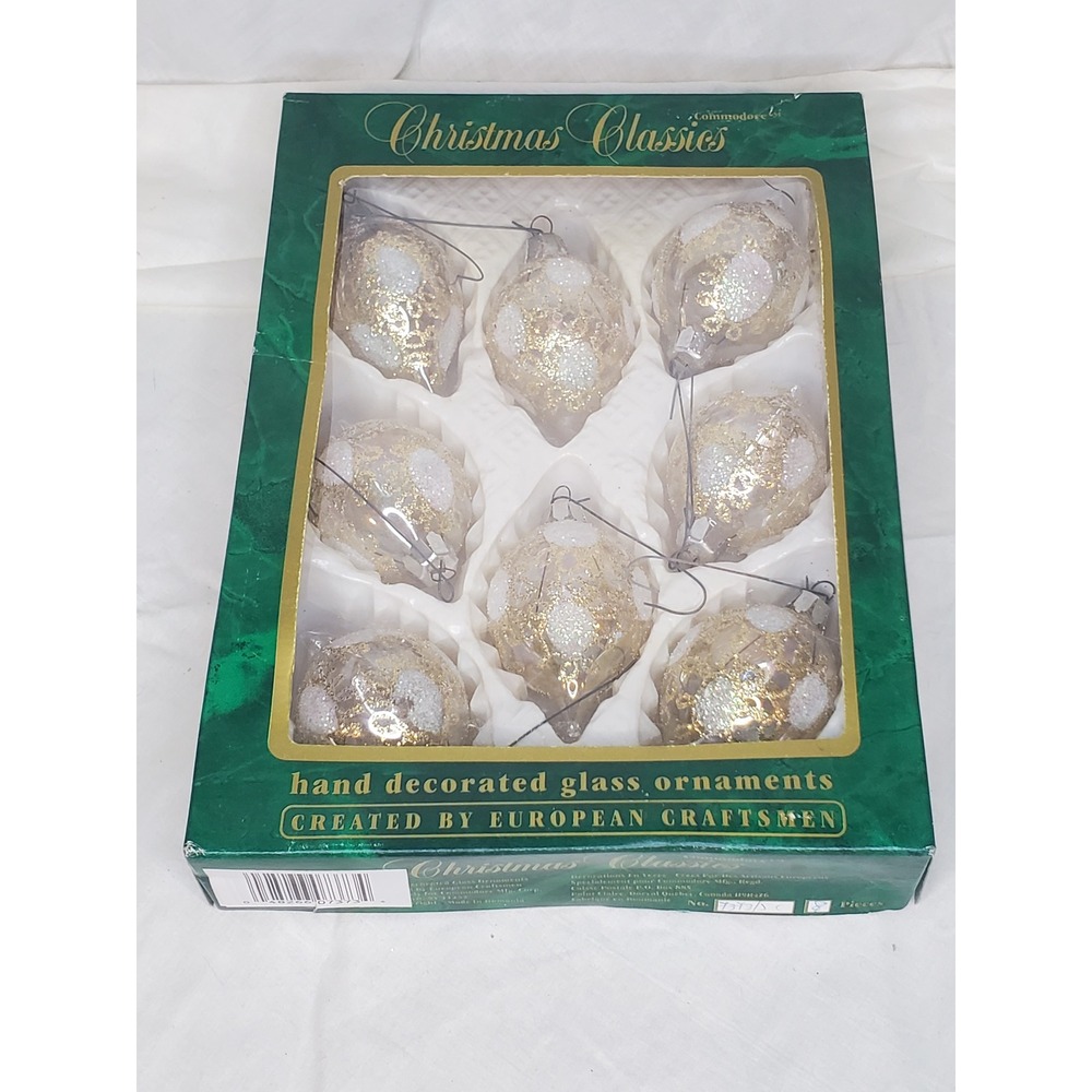 Commodore Christmas Classics Hand Decorated Glass Ornaments Set of 8 Gold White